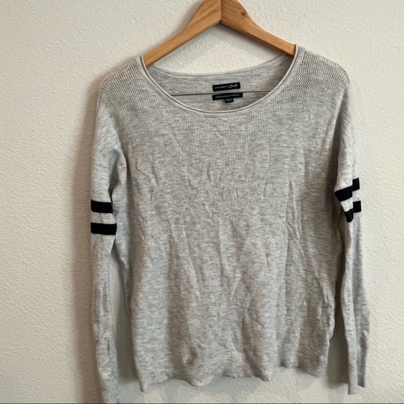 American Eagle Outfitters Ahh-Mazingly soft oatmeal gray sweater navy stripe S - Picture 1 of 7